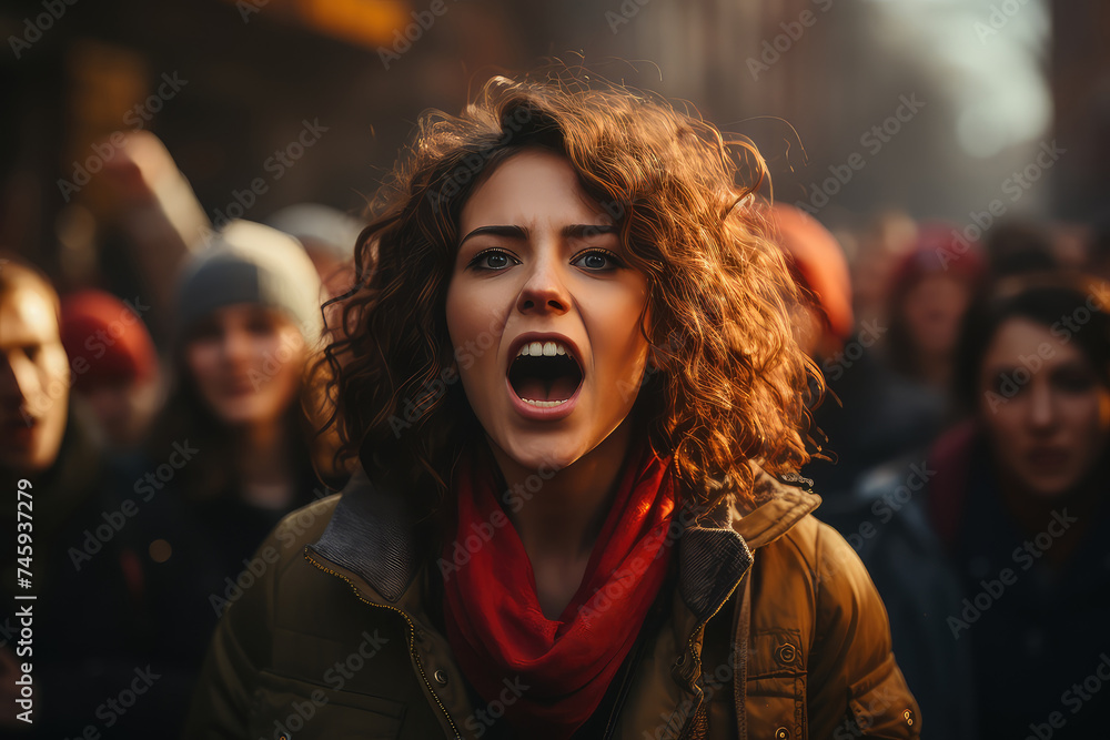 Angry woman stands with her mouth open in a large crowd of people, expressing surprise or shock
