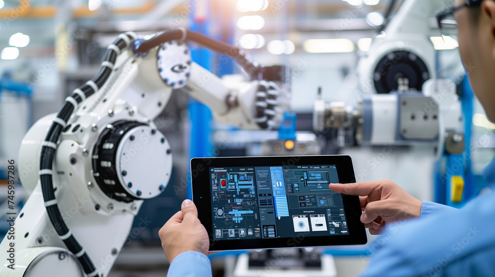 An engineer uses a digital tablet to manage and monitor a robotic arm's operations in a sophisticated manufacturing setting.