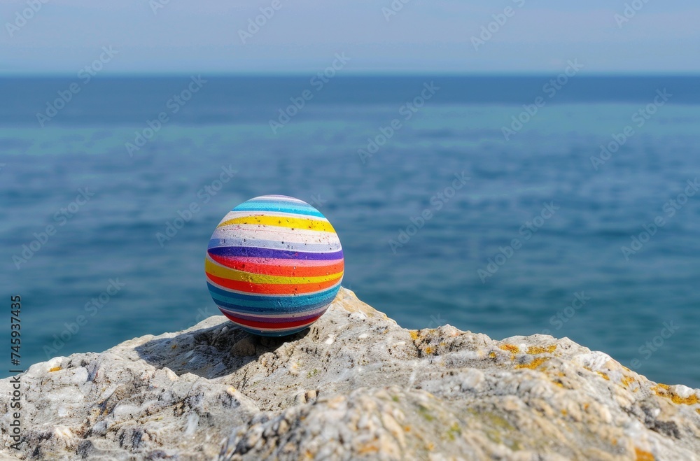 Colorful abstract striped ball on a rocky shore with the ocean in the background.