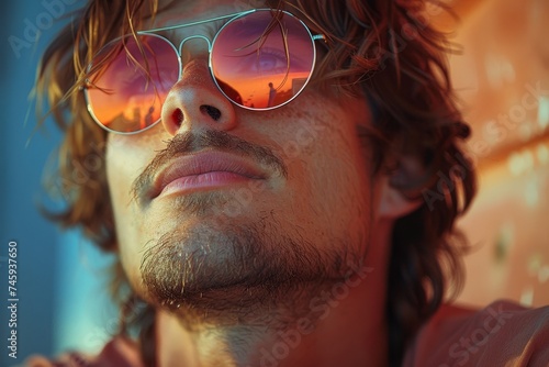 A cinematic close-up shot focuses on a man's forehead and hair revealing texture and details in a moody, colorful ambiance