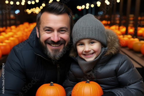 Mature man and a young girl are standing together in front of a row of pumpkins, smiling for a picture