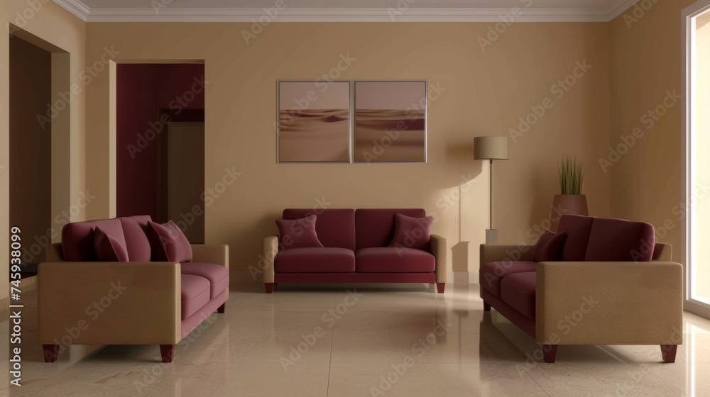Elegant living room interior with maroon and beige sofas with cushions and a minimalist wall art, lamp and a plant vase Elegant living room interior with maroon and beige sofas with cushions and a minimalist wall art, lamp and a plant vase