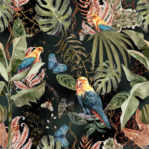 Beautiful pattern with nice watercolor parrots and tropical leaves Drawing for the design of souvenirs, postcards, posters and invitations.
