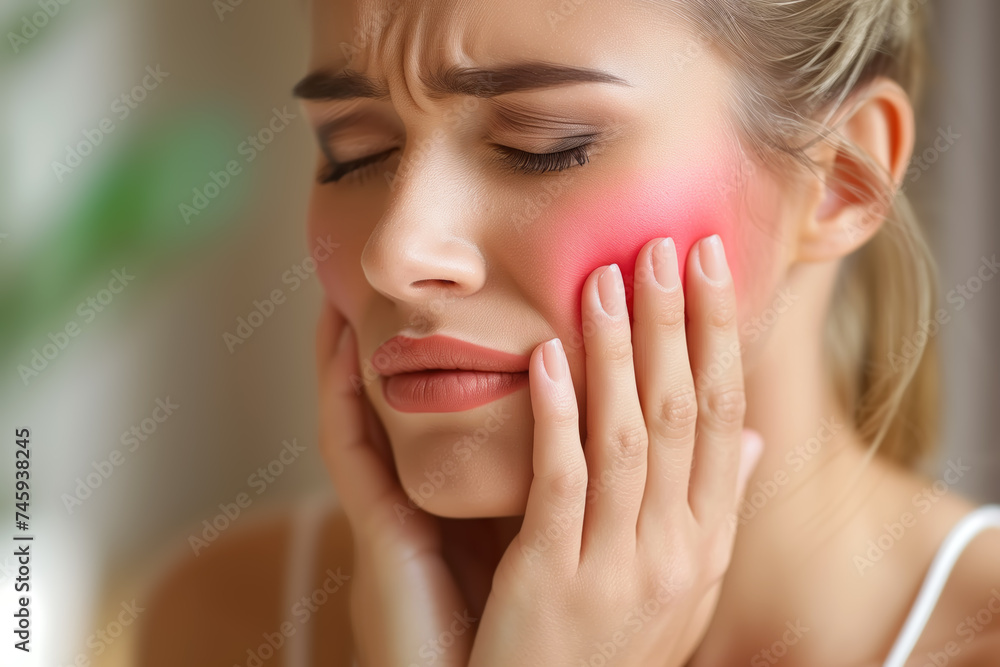 Young woman with toothache, periodontal disease in wisdom teeth, gum inflammation, dental pain, health problems concept - obrazy, fototapety, plakaty 