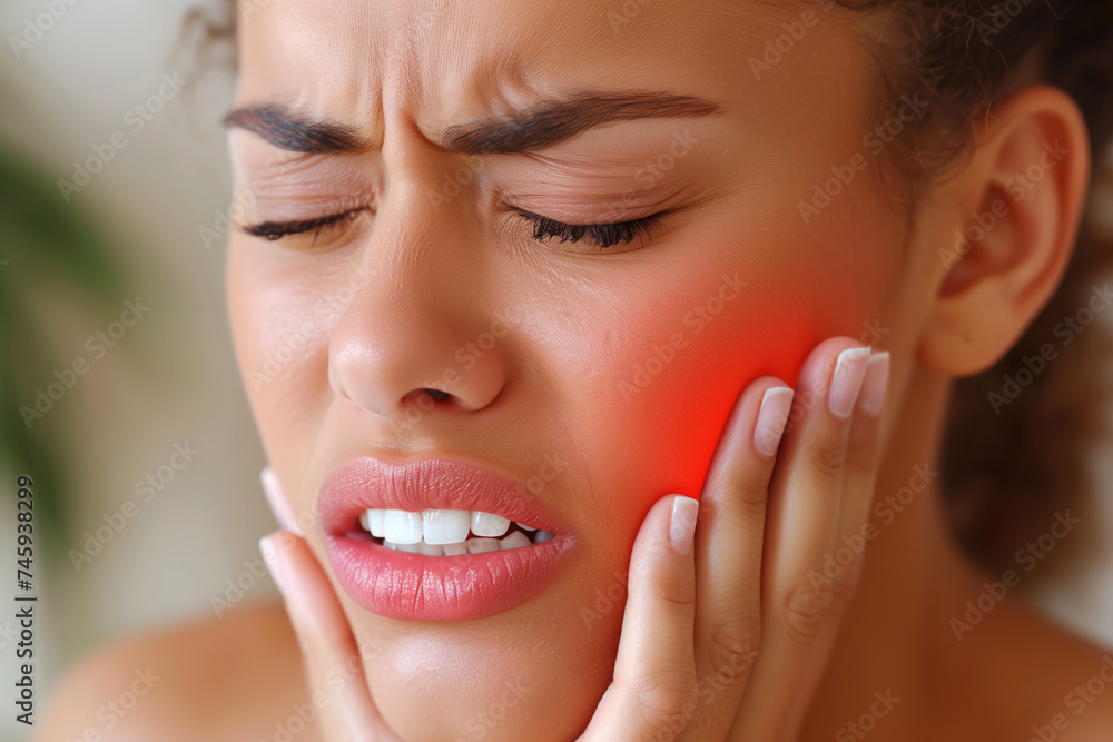 Obraz premium Young woman with toothache, periodontal disease in wisdom teeth, gum inflammation, dental pain, health problems concept