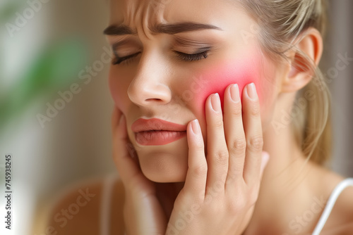 Young woman with toothache, periodontal disease in wisdom teeth, gum inflammation, dental pain, health problems concept photo