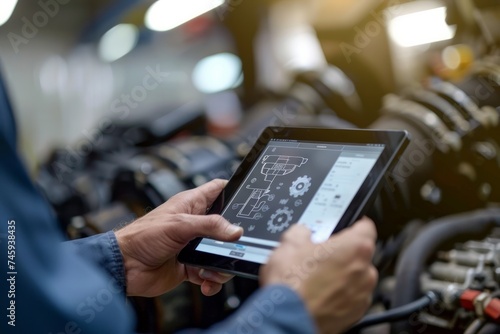 Mechanic holding a digital tablet with car diagnostic software in front of a vehicle engine.