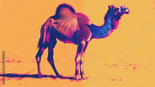 A camel standing in a desert setting, depicted in a vibrant orange and purple duotone color scheme photo