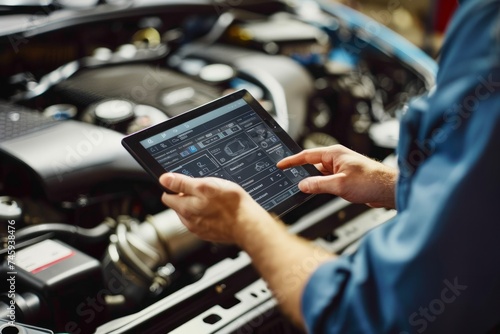 Mechanic holding a digital tablet with car diagnostic software in front of a vehicle engine.