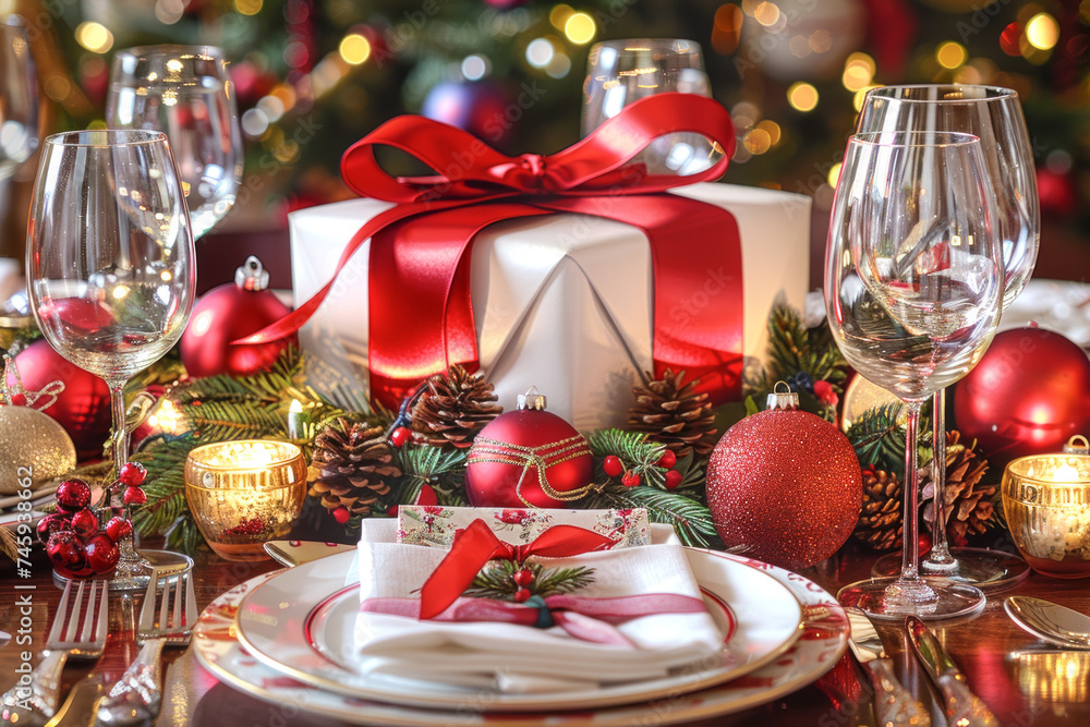 Christmas table setting. A Christmas tree is in the background with gift boxes with red ribbons and champagne glasses and wine glasses. Concept of gratitude for blessings and happiness. Christmas table setting. A Christmas tree is in the background with gift boxes with red ribbons and champagne glasses and wine glasses. Concept of gratitude for blessings and happiness.
