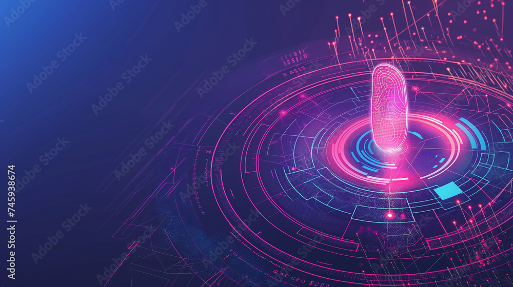A vibrant digital illustration featuring a fingerprint hologram among glowing data points, symbolizing technology, security, and identity