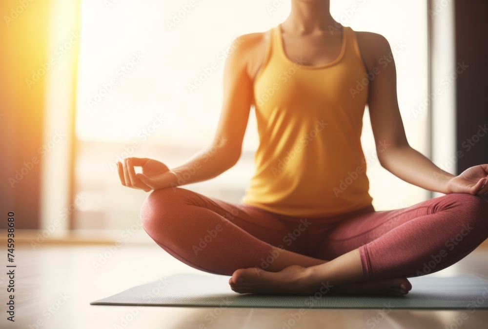 A person practicing yoga in a serene indoor setting, sitting cross-legged on a mat. The individual is wearing a yellow tank top and leggings, with a calm expression, hands in a meditative pose A person practicing yoga in a serene indoor setting, sitting cross-legged on a mat. The individual is wearing a yellow tank top and leggings, with a calm expression, hands in a meditative pose