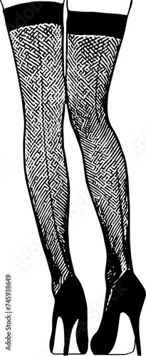 Vektor Darstellung transparent - Lange sexy Beine mit halterlosen Strümpfen und High Heels - Monochrom