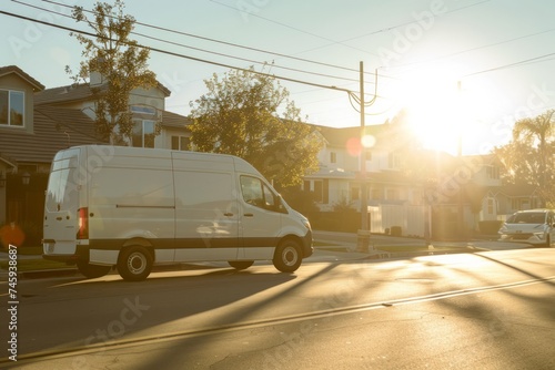A white delivery van driving on a sunny road in a suburban area.
