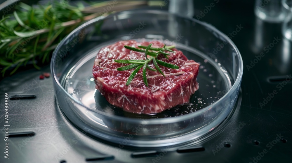 Synthetic meat made in a real laboratory in a container in high resolution and high quality. synthetic meat concept, synthetic Synthetic meat made in a real laboratory in a container in high resolution and high quality. synthetic meat concept, synthetic