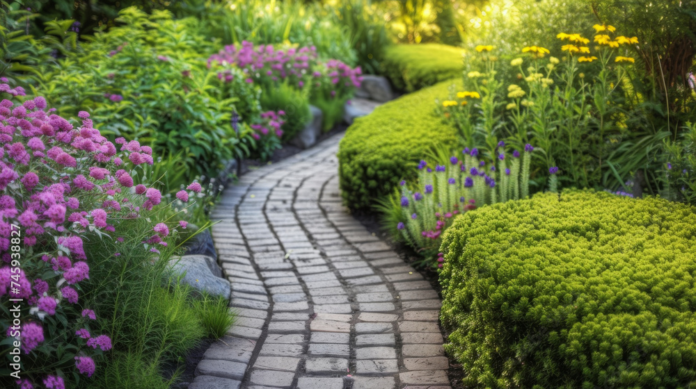 Curved Paving Stone Pathway Amidst Trimmed Hedges and Flower Clusters in a Garden