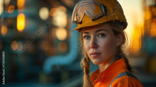 A focused female engineer in safety gear gazes at the machinery on an oil rig, exemplifying women's empowerment in industrial fields. © Old Man Stocker