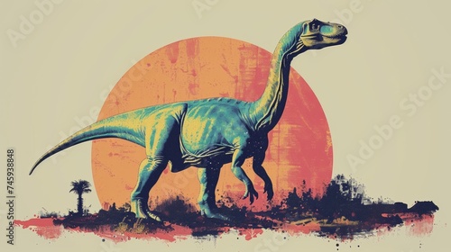 Retro-styled illustration of a dinosaur with a vibrant orange sun in the background, featuring halftone textures and a vintage color palette © Sohaib q