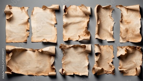 old rugged torn burnt letter page paper or scroll sheet set collection empty blank mockup