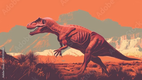 Vintage-style illustration of a Tyrannosaurus Rex in a desert landscape with mountains in the background, evoking a prehistoric scene © Sohaib q