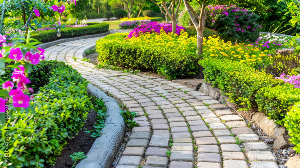 Curved Paving Stone Pathway Amidst Trimmed Hedges and Flower Clusters in a Garden Curved Paving Stone Pathway Amidst Trimmed Hedges and Flower Clusters in a Garden