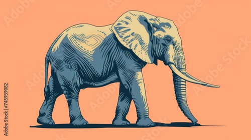Illustration of an elephant in a blue color scheme against an light orange background  showcasing detailed line work and shading