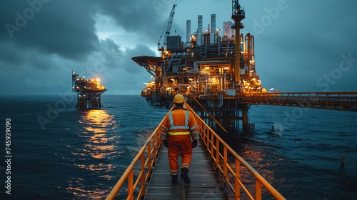 A worker in orange high-visibility gear walks on a bridge towards the well-lit structure of an offshore oil rig.