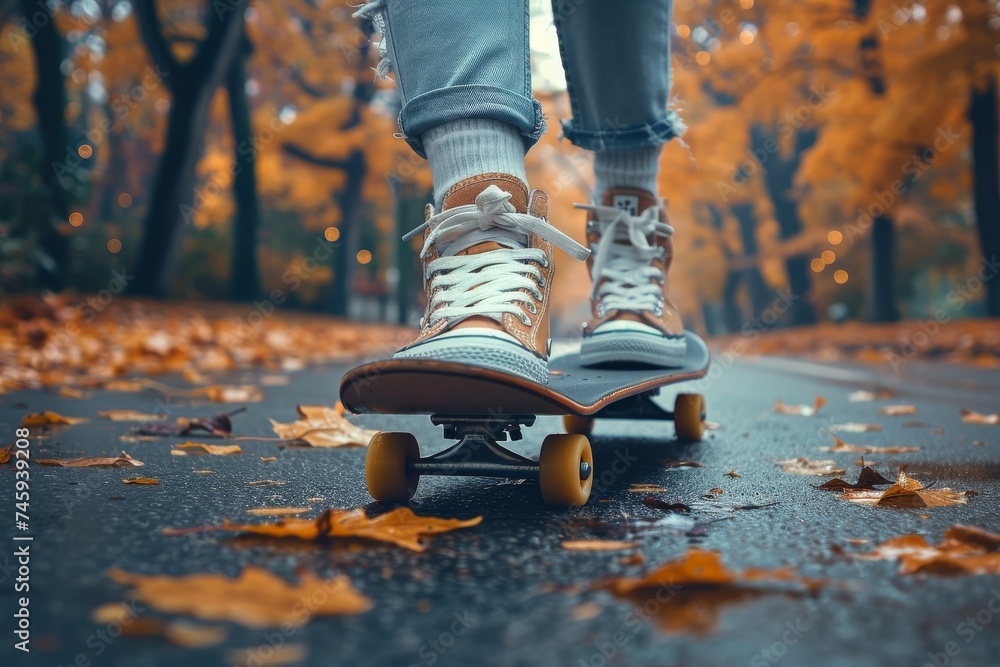 The scene depicts a person skateboarding on a picturesque autumn path surrounded by fallen leaves The scene depicts a person skateboarding on a picturesque autumn path surrounded by fallen leaves