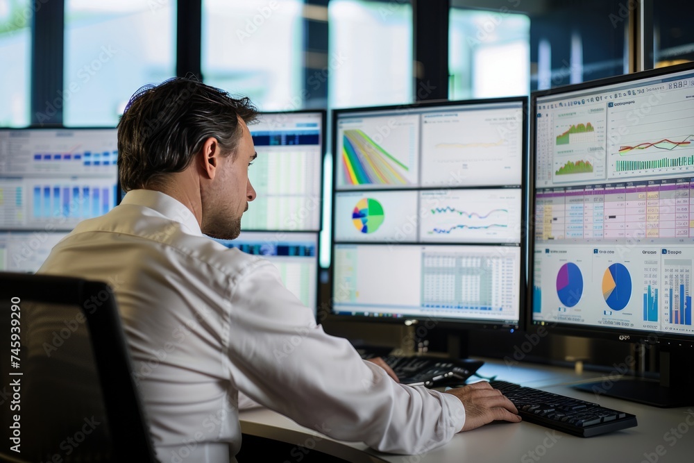 Professional analyzing complex data on multiple computer screens in a high-tech office. Professional analyzing complex data on multiple computer screens in a high-tech office.