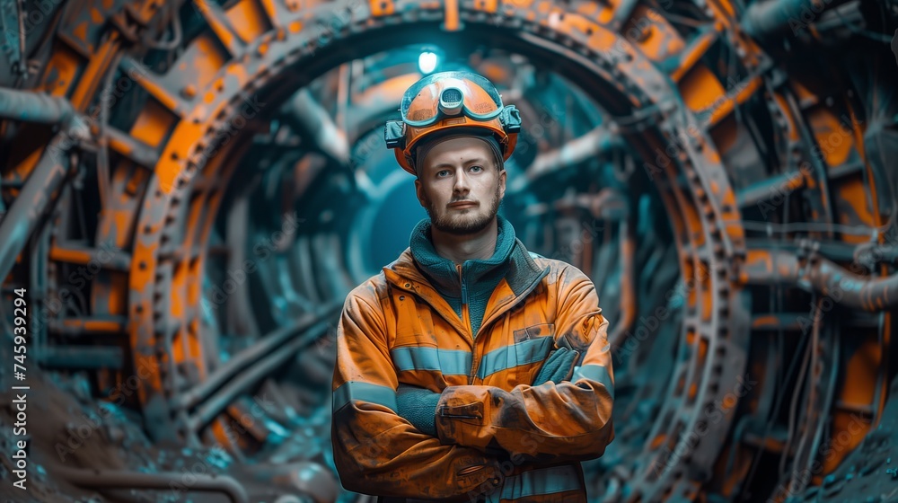 Confident mining engineer with crossed arms stands in a technologically advanced tunnel of a modern mine.