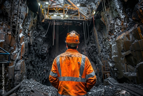 A miner in high-visibility clothing stands at the entrance of a deep, dark mining tunnel, contemplating the depths.