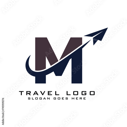 Letter M Travel Logo icon Design with plane graphic element for travel agency logo design