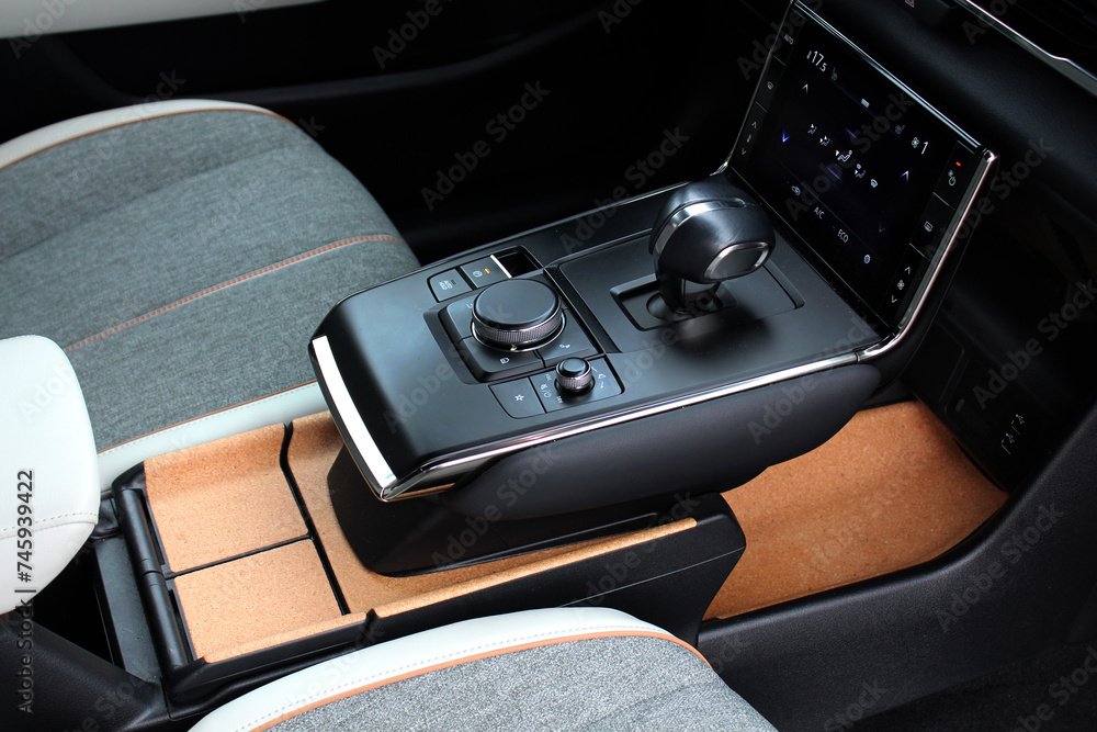 New Electric car automatic transmission gearshift stick, Close up Electric car gear shifter. Electric car automatic gearbox lever. New Electric car automatic transmission gearshift stick, Close up Electric car gear shifter. Electric car automatic gearbox lever.