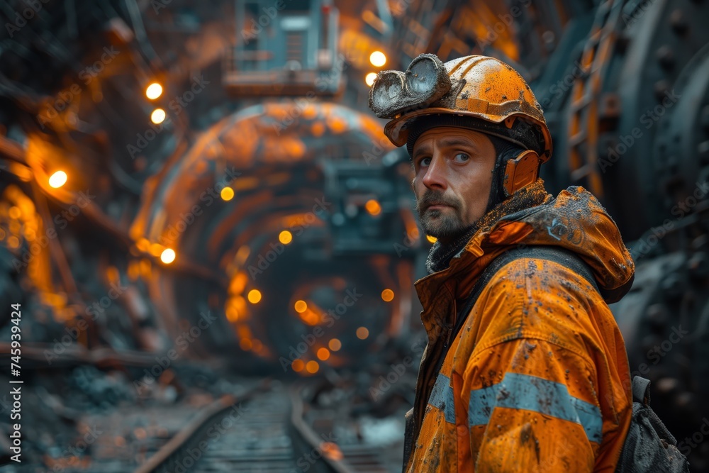 A serious miner with protective gear and headlamp stands alert in the illuminated tunnel of a mine.