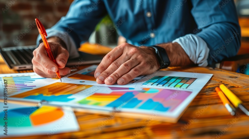 A businessman's hands examining colorful data charts and graphs on paper, with a laptop in the background. A businessman's hands examining colorful data charts and graphs on paper, with a laptop in the background.