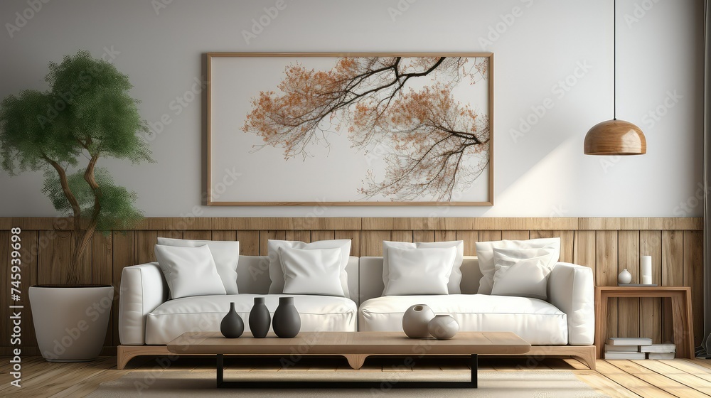 Fototapeta premium Modern living room with beautiful frame on wall.