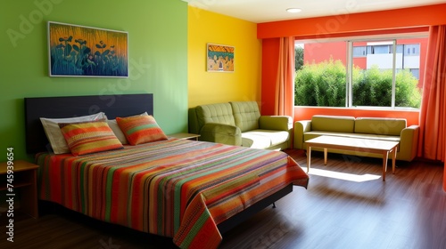  Colorful modern bedroom with a vibrant striped bedspread  green sofa  and bright yellow and orange walls  featuring abstract paintings
