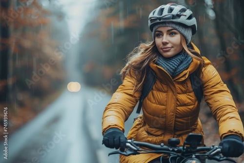 An adventurous cyclist in a yellow jacket braves a rainy forest road, embodying resilience and the spirit of exploration © Pinklife