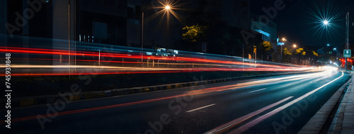 City road at night, blurred vehicle lights creating a sense of motion and speed.  © xKas