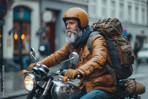 A bearded motorcyclist with a leather jacket and yellow helmet, riding his bike on urban roads © Pinklife