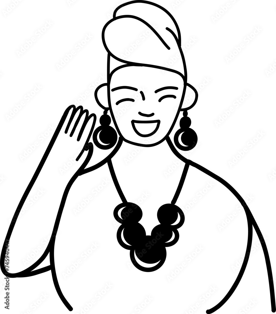 Character smiling woman. Afro American,young and aged. Vector outline illustration, linear, thin line, hand drawn sketch, doodle 