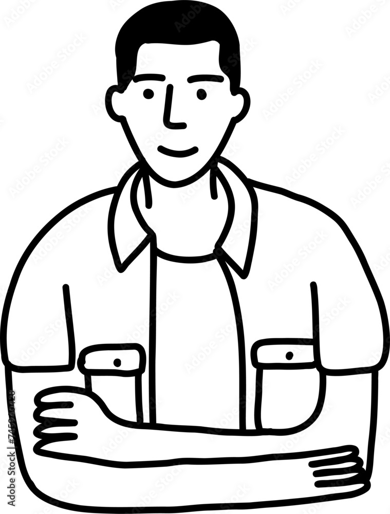 Character smiling man different age and ethnicity. Young, diverse. Vector outline illustration, linear, thin line, hand drawn sketch, doodle 