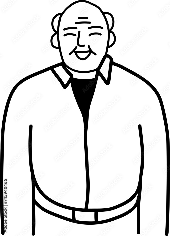 Character smiling man different age and ethnicity.  Aged, diverse. Vector outline illustration, linear, thin line, hand drawn sketch, doodle 