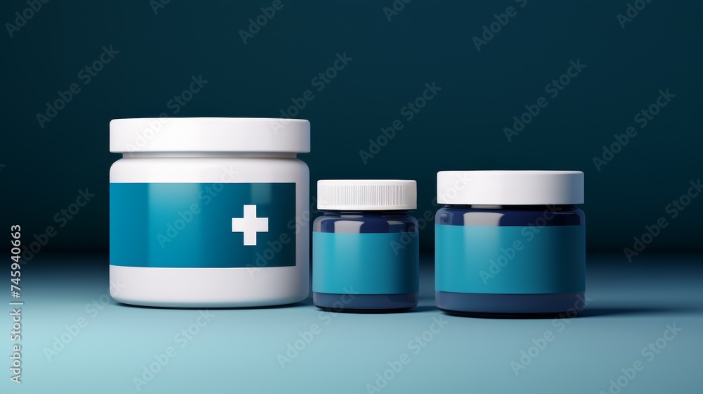 Three medical jars of varying sizes with green labels and white lids on a dark teal background Three medical jars of varying sizes with green labels and white lids on a dark teal background