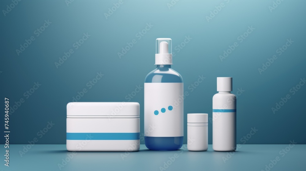 Cosmetic bottles set on blue background. Elegant skincare packaging, blank label for branding mock-up, beauty and hygiene concept Cosmetic bottles set on blue background. Elegant skincare packaging, blank label for branding mock-up, beauty and hygiene concept