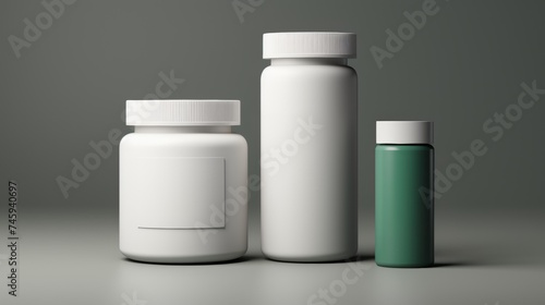 Three medical bottles of different sizes on a gray background, one with a green color and white cap, suitable for healthcare themes