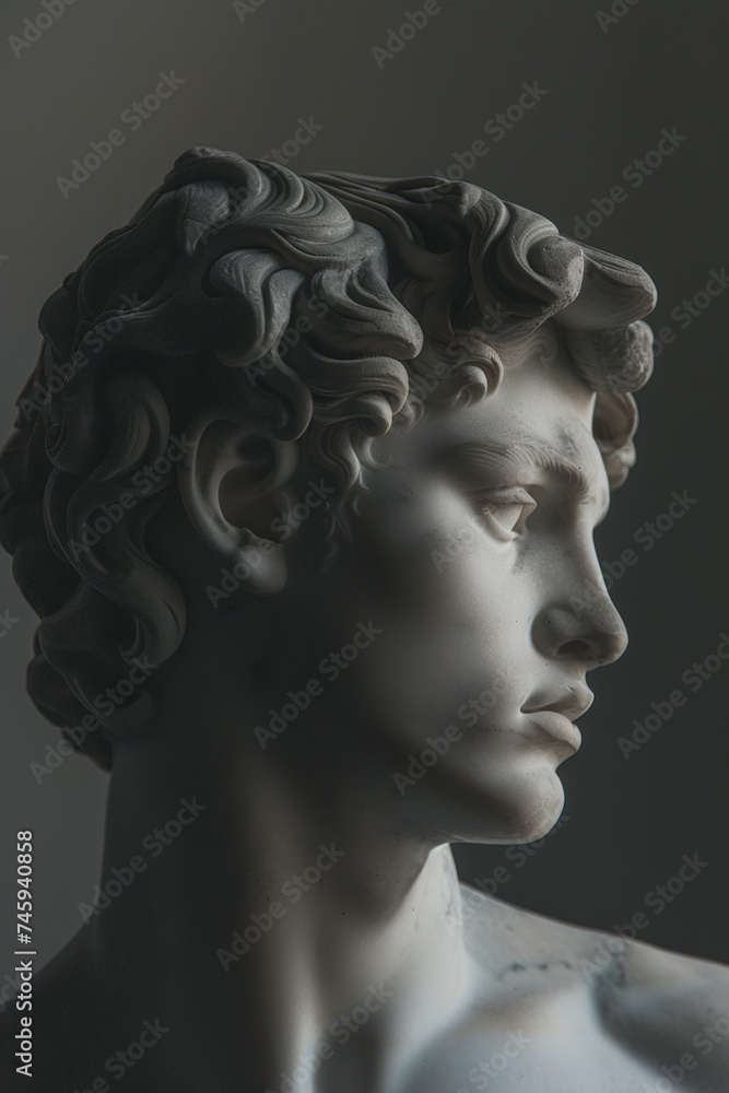 Close-up of a classical marble sculpture depicting a male figure with detailed curly hair and a contemplative expression, set against a soft gray background Close-up of a classical marble sculpture depicting a male figure with detailed curly hair and a contemplative expression, set against a soft gray background
