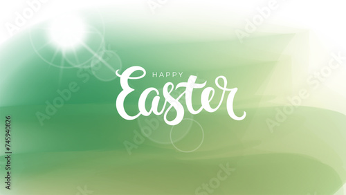 Happy Easter. Blurred background with hand lettering for Easter holiday greetings and invitations. Vector illustration.