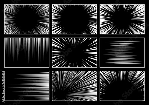 Set of Comic Speed Lines, Abstract Flash Explosion With White Radial and Straight Lines On Black Vector Background © Pavlo Syvak