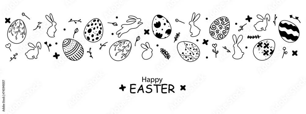 Fototapeta premium Easter banner in doodle style. Black and white banner for web design with hand-painted Easter eggs, a silhouette of bunny and floral arrangement. There is free space for your text.